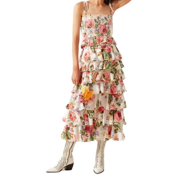 Alix‎ of Bohemia Tasha Rose Floral Ruffle Tiered Midi Skirt Small Cottagecore - Picture 1 of 16